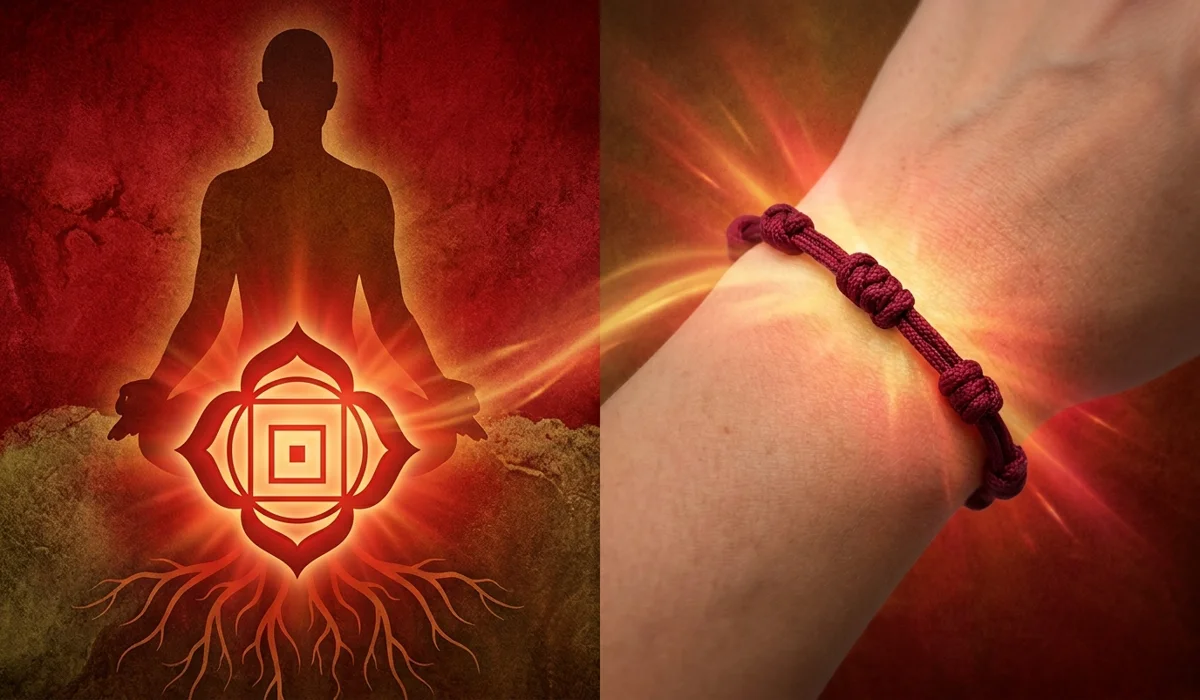 The spiritual meaning of the 7-knot red bracelet showing its connection to the Root Chakra and energy grounding.