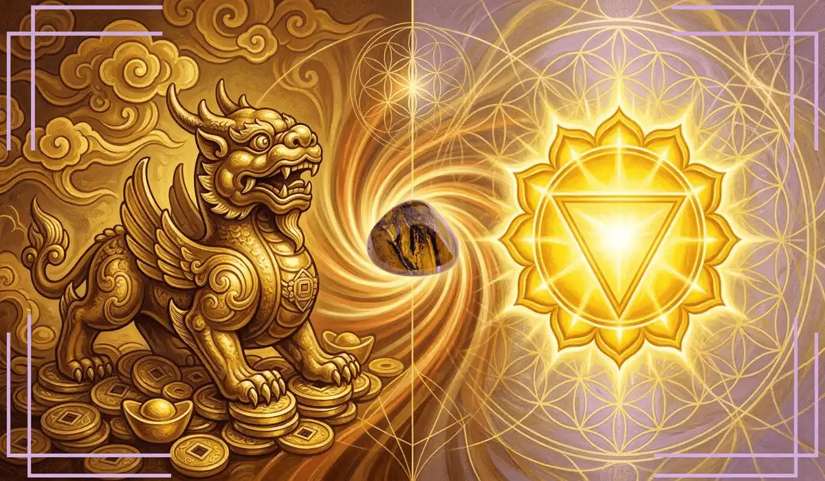 Spiritual symbolism of Pixiu and Tiger Eye stone for Solar Plexus chakra alignment.