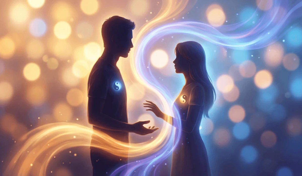 Visual breakdown of the Yin Yang Taijitu symbolism in a romantic relationship showing interdependence and the 'seed' of the partner.