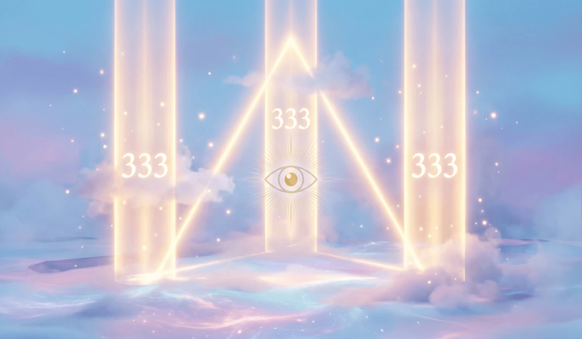Conceptual spiritual image showing the number 333 within a triangle of light, symbolizing the union of mind, body, and spirit.