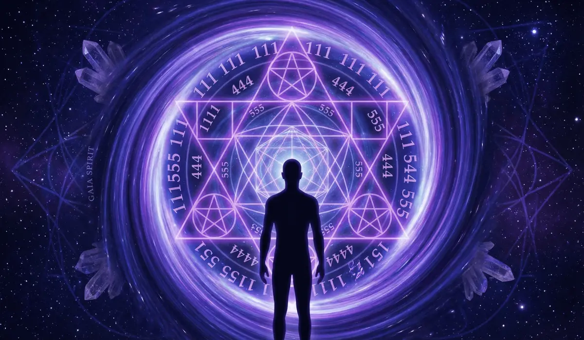 Ethereal representation of angel number sequences 111, 444, and 555 manifesting as sacred geometric light patterns in a spiritual void.