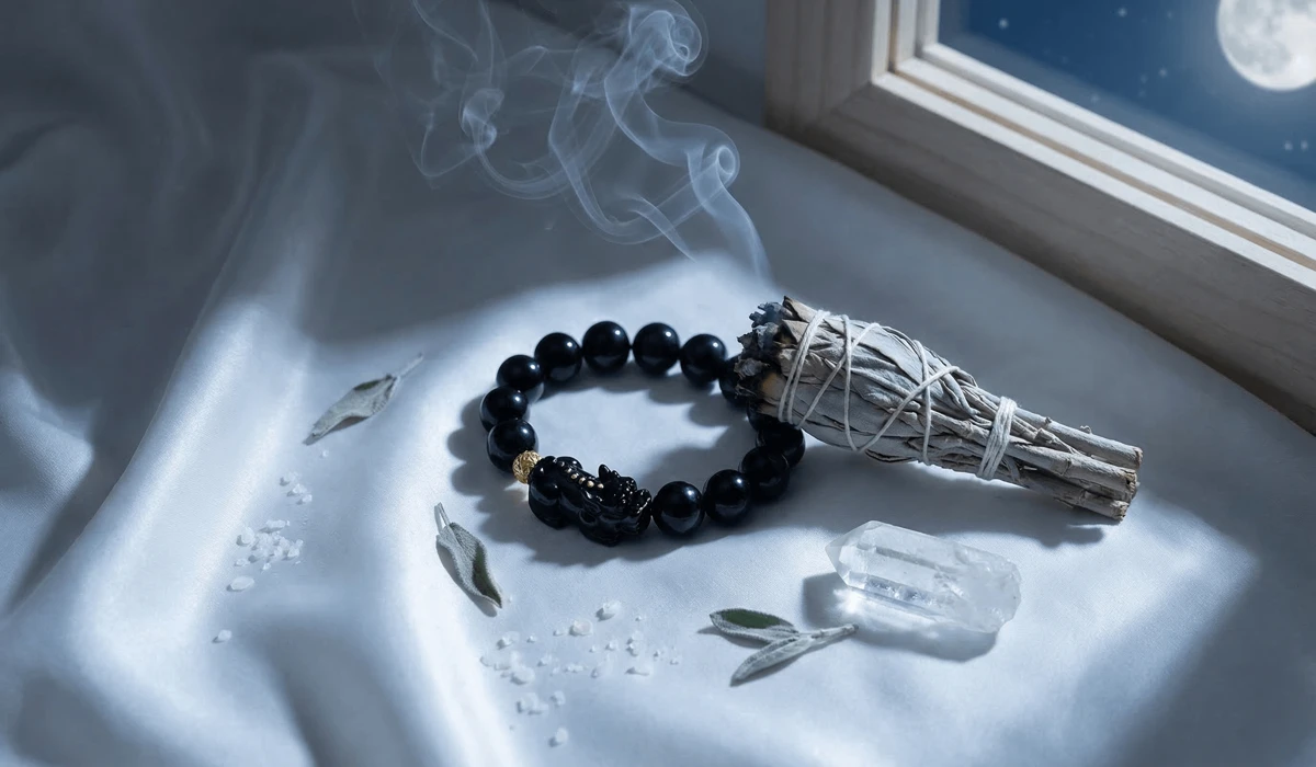 Cleansing a Pixiu bracelet with sage and moonlight to recharge its wealth-attracting energy.