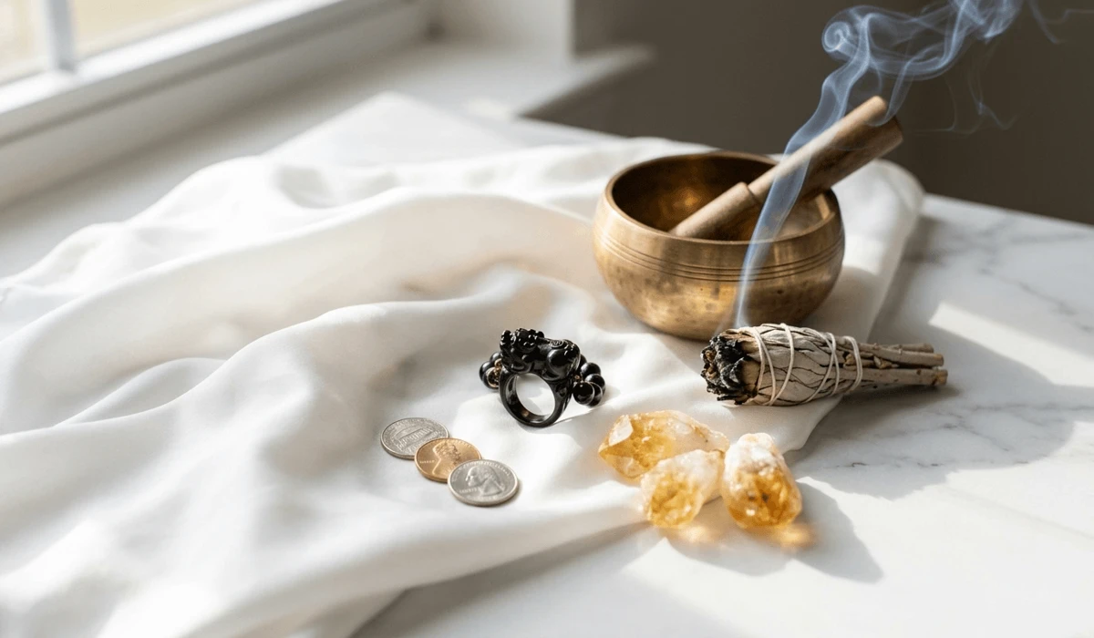 A cleansing ritual setup for a Pixiu ring featuring sage smoke, a singing bowl, and citrine crystals to reset its spiritual energy.
