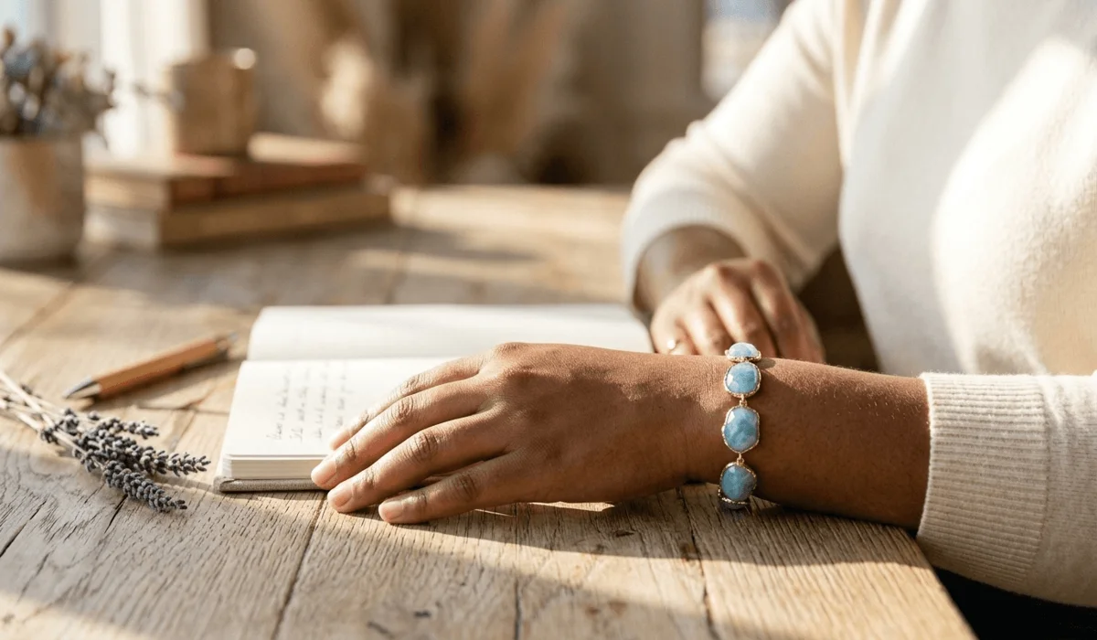 A person wearing an aquamarine bracelet on their left hand for emotional clarity and mindfulness in a serene setting.