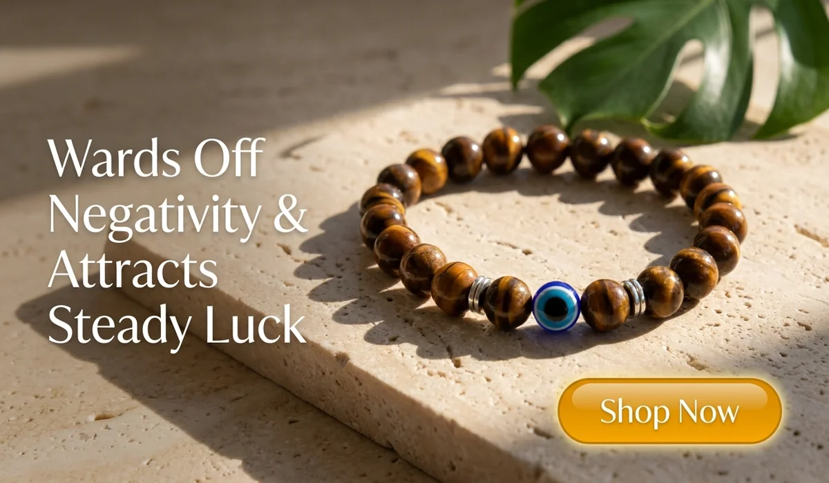 Negativity-Blocking Evil-Eye Tiger's Eye Bracelet for protection and steady luck, premium e-commerce blog illustration with Shop Now button.
