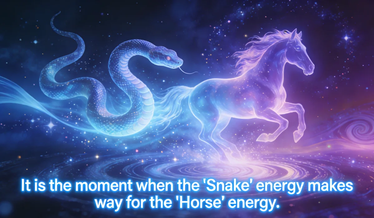 Mystical cosmic artwork of a glowing blue snake and purple horse, symbolizing the zodiac energy transition from Snake to Horse.