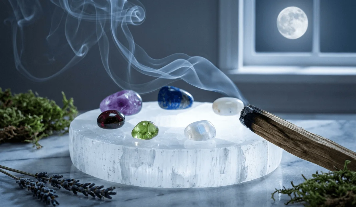 Zodiac crystals being cleansed with sacred smoke and charged on a Selenite plate under silvery moonlight.