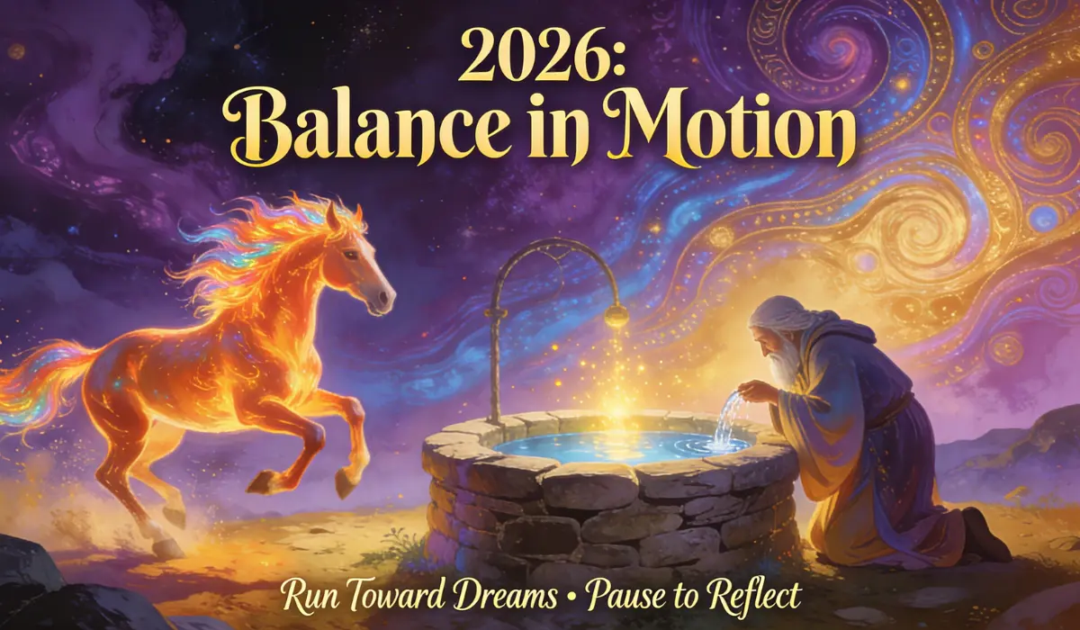 Fiery Fire Horse leaps beside an elder drinking from a glowing stone well, with text "2026: Balance in Motion" and "Run Toward Dreams • Pause to Reflect" against a cosmic nebula background.