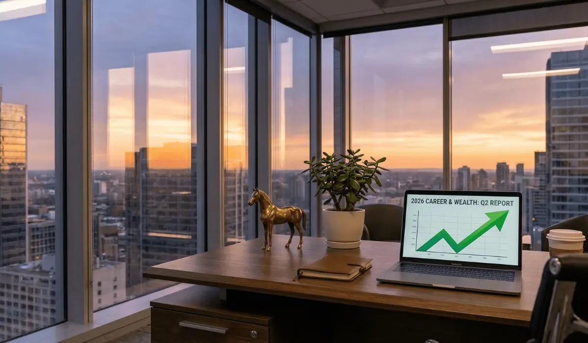 Modern office desk with a golden horse statue, potted plant, and laptop displaying "2026 CAREER & WEALTH: Q2 REPORT" with an upward green graph, set against a city sunset skyline.