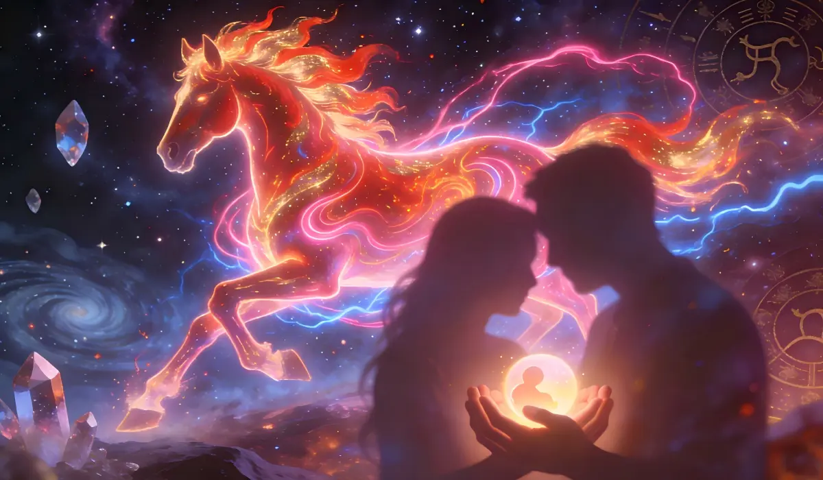 Parents holding a glowing baby with a Fire Horse spirit in a cosmic background, symbolizing the 2026 Fire Horse baby.