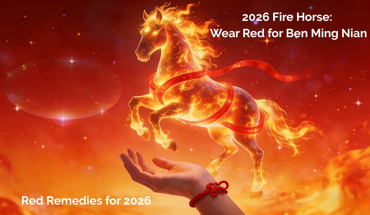 Fiery Fire Horse with red ribbons above a hand wearing a red string bracelet, with text "2026 Fire Horse: Wear Red for Ben Ming Nian" and "Red Remedies for 2026".