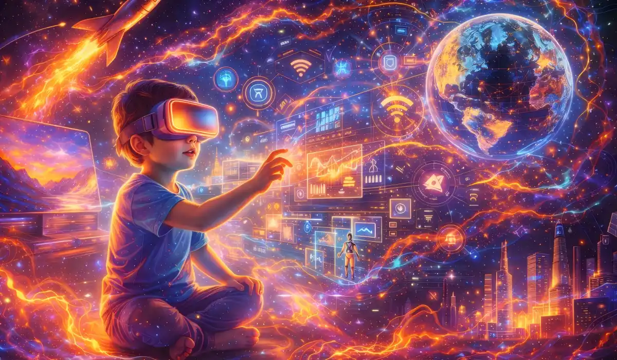 A futuristic illustration of a child using virtual reality, surrounded by digital symbols and cosmic light, representing the Period 9 Fire energy and the rise of digital native children born in 2026.