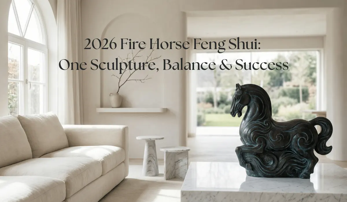 Minimalist neutral-toned living room with a dark bronze horse sculpture on a marble coffee table, paired with text "2026 Fire Horse Feng Shui: One Sculpture, Balance & Success".