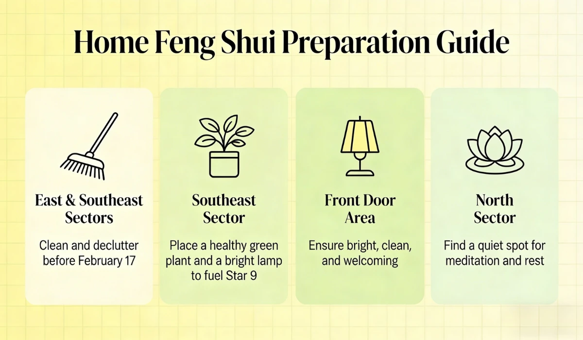 Home Feng Shui preparation guide infographic with four sections: East & Southeast Sectors (clean clutter), Southeast Sector (green plant + lamp), Front Door Area (bright & welcoming), North Sector (meditation spot).