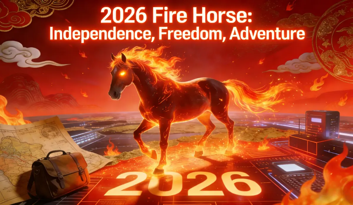 Fiery Fire Horse standing on a glowing 2026 platform, with a travel map, backpack, and text "2026 Fire Horse: Independence, Freedom, Adventure" on a red traditional Chinese background.