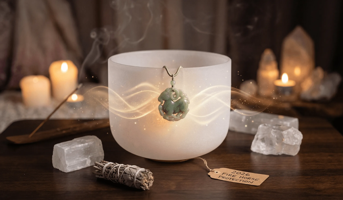 Green jade pendant hanging on a white singing bowl, surrounded by selenite, white sage, lit candles and a tag labeled "2026 Fire Horse Protection" on a dark wooden table.
