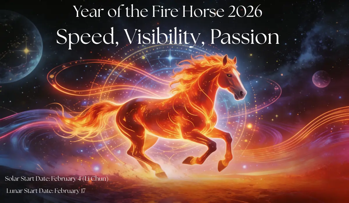 Cosmic artwork of a fiery Fire Horse galloping through a starry nebula, with text "Year of the Fire Horse 2026: Speed, Visibility, Passion" and Lunar/Solar start dates.