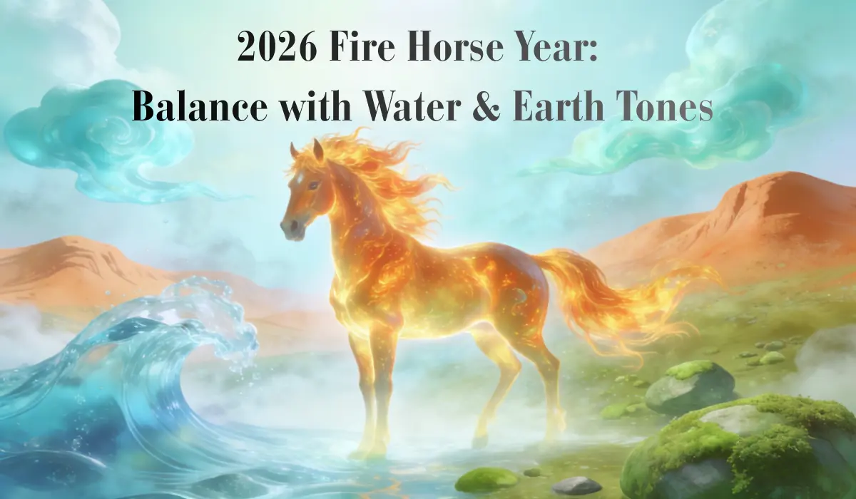 Cosmic artwork of a fiery Fire Horse standing in shallow water, surrounded by earthy hills and soft clouds, with text "2026 Fire Horse Year: Balance with Water & Earth Tones".