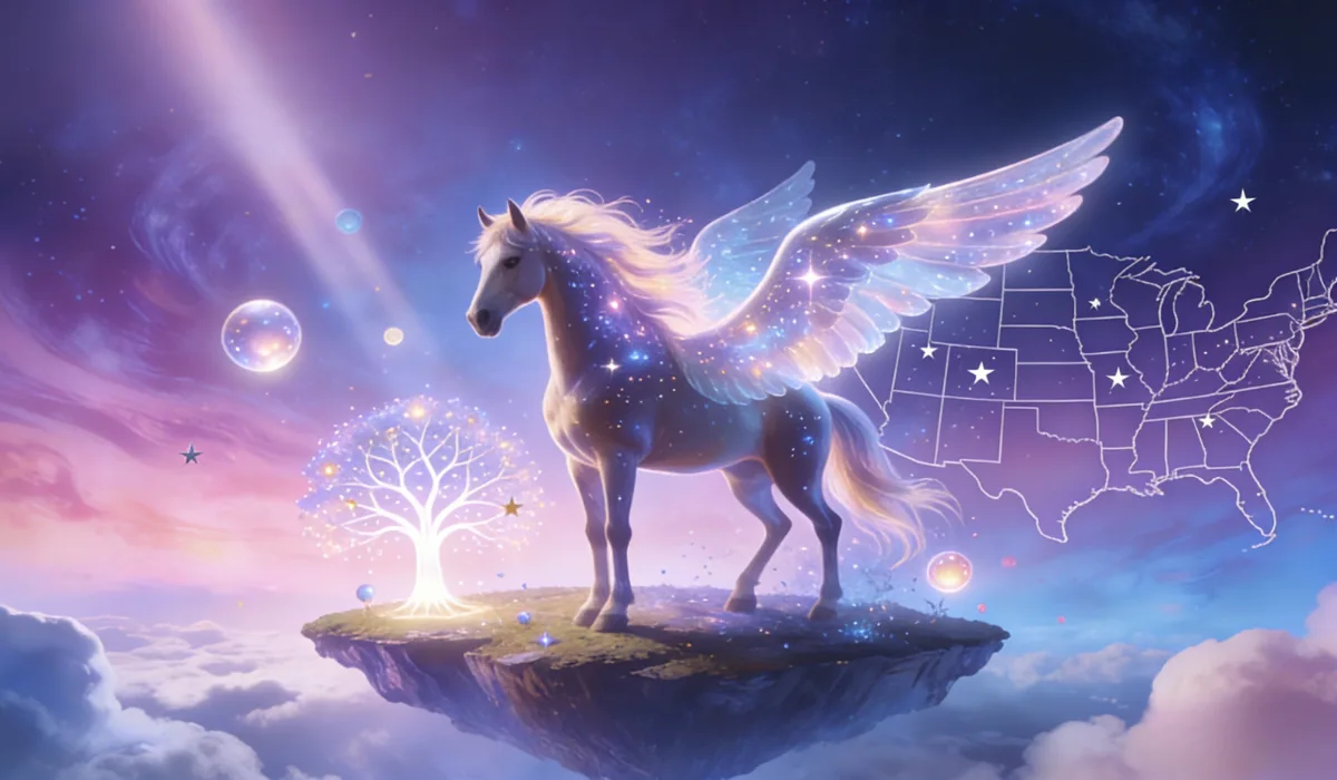 Magical winged horse (Pegasus) standing on a floating island with a glowing tree, set against a cosmic sky with a faint US map outline.