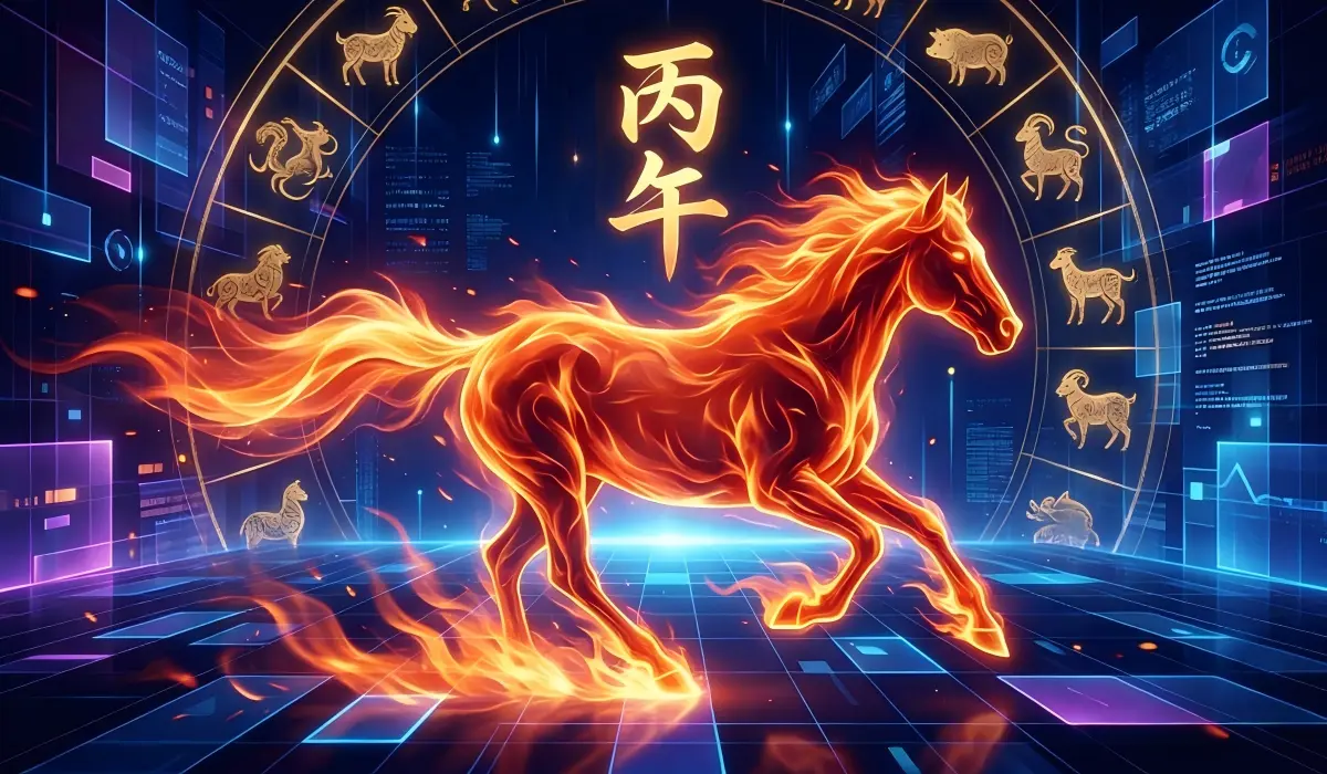 An artistic representation of the 2026 Fire Horse composed of orange flames galloping through a futuristic digital landscape.