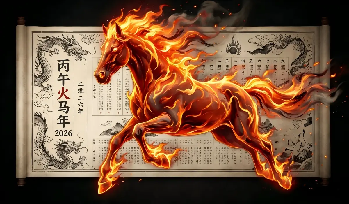 A powerful flaming horse symbolizing the 2026 Year of the Fire Horse and its energetic momentum.