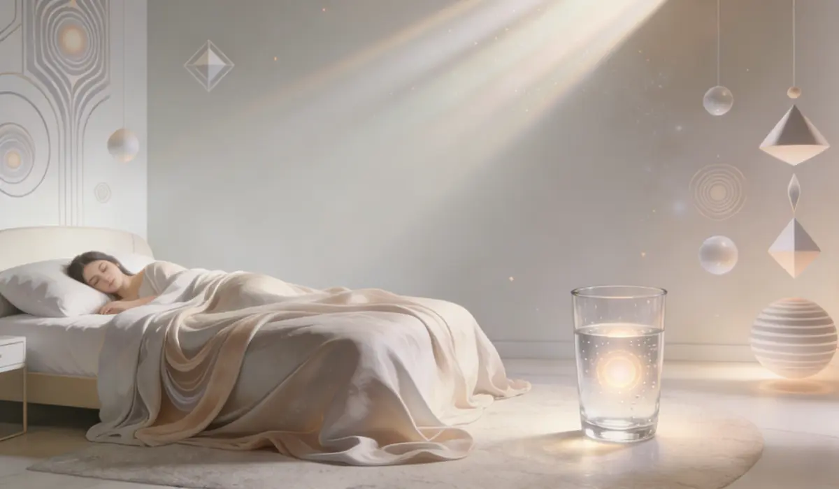 Peaceful bedroom scene with a sleeping figure, soft earthy-toned bedding, geometric wall decor, and a glowing glass of water, promoting calm for the 2026 Fire Horse Year.