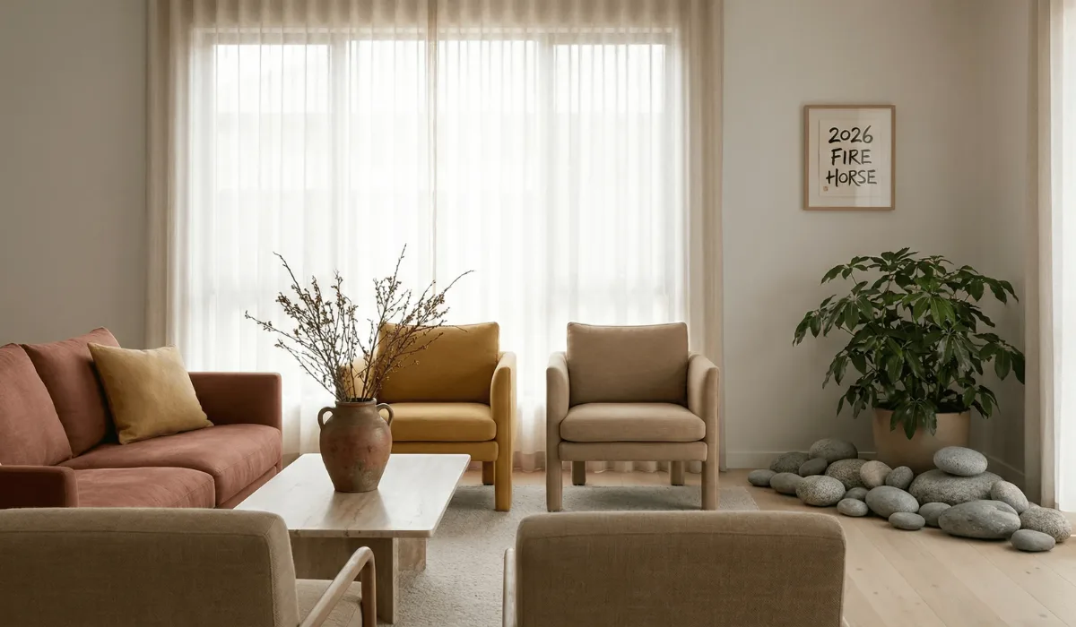 Soft-toned living room with warm earthy furniture, dried branches in a terracotta vase, a large green plant, stacked stones, and a framed "2026 FIRE HORSE" artwork, bathed in natural light.
