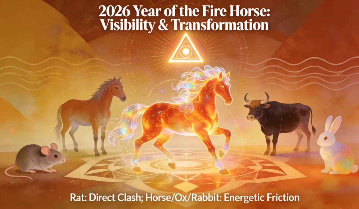 2026 Year of the Fire Horse artwork featuring a glowing fiery horse, with a Rat, Horse, Ox, Rabbit and text "Rat: Direct Clash; Horse/Ox/Rabbit: Energetic Friction".