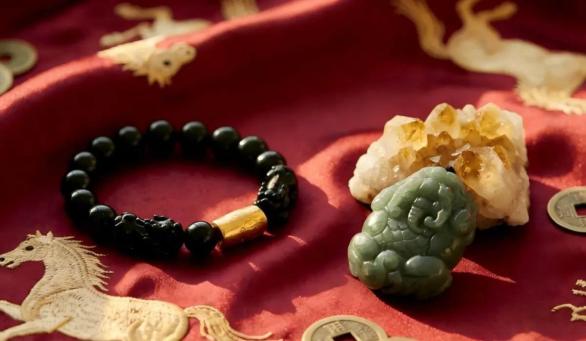 Feng Shui remedies for the 2026 Fire Horse year including black obsidian and jade jewelry for protection.