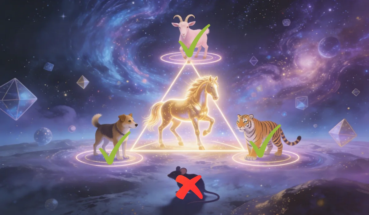 Cosmic zodiac artwork with a golden Fire Horse at the center, surrounded by a Goat, Dog, Tiger (marked with green checks) and a Rat (marked with a red cross), arranged in a pyramid formation.