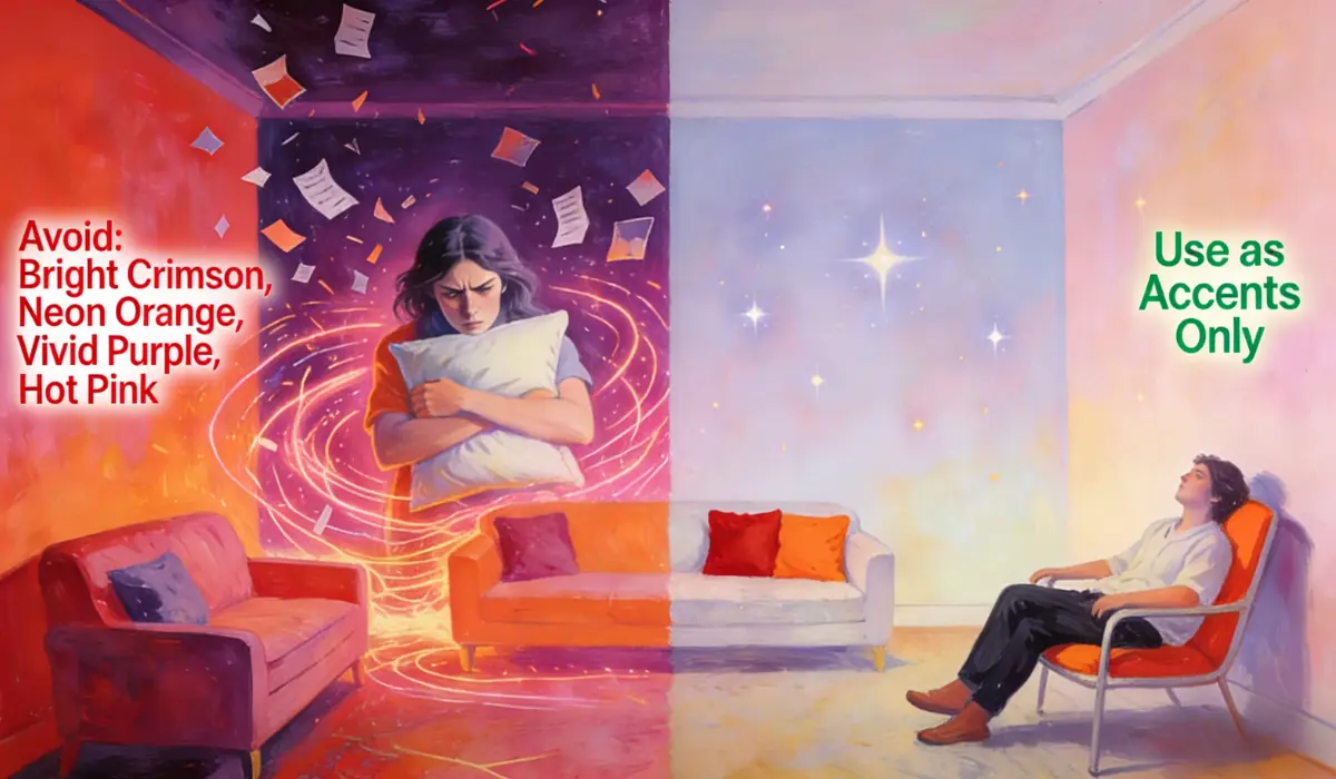 Split-scene artwork contrasting a chaotic, fiery-toned room (with text "Avoid: Bright Crimson, Neon Orange, Vivid Purple, Hot Pink") and a calm, soft-toned room (with text "Use as Accents Only").