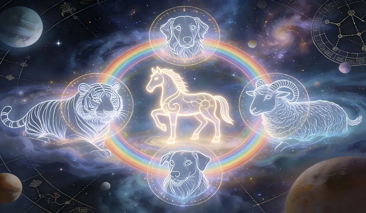 A celestial illustration of the Chinese zodiac Horse surrounded by Tiger and Dog symbols, representing the harmonious trine and lucky birth months for a Fire Horse baby in 2026.