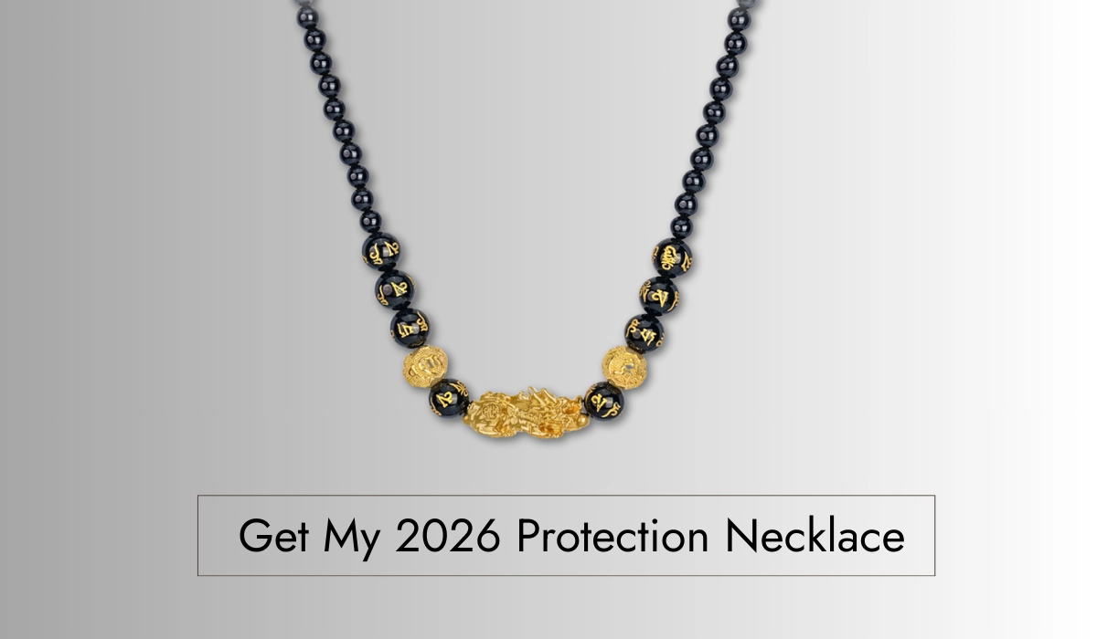 Black obsidian beaded necklace with gold Pixiu charm and gold coin accents, set against a light gray background with text "Get My 2026 Protection Necklace".