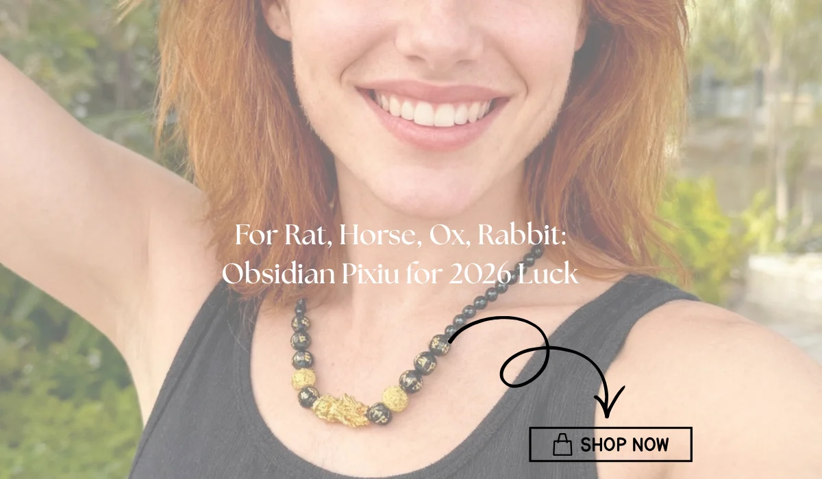 Promotional image of a woman wearing an obsidian and gold pixiu necklace, with text "For Rat, Horse, Ox, Rabbit: Obsidian Pixiu for 2026 Luck" and a "SHOP NOW" button.