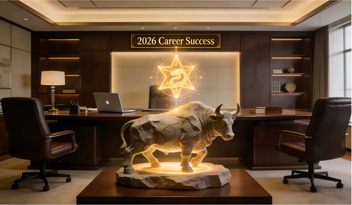 A feng shui&ndash;inspired office scene featuring a golden Ox statue, symbolizing career recognition, leadership strength, and financial stability for people born in the Year of the Ox in 2026.