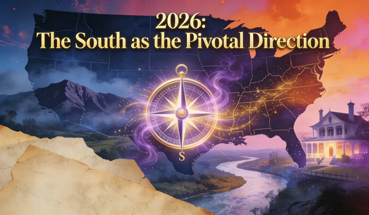 Artwork featuring a US map silhouette, a glowing compass pointing south, and text "2026: The South as the Pivotal Direction", with a southern-style house and river landscape.