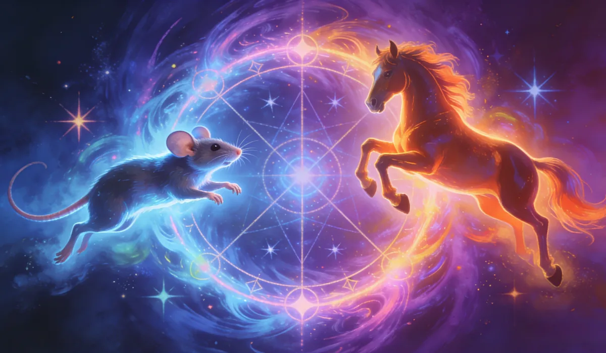 Glowing blue cosmic Rat and fiery golden Fire Horse facing each other, framed by a sacred geometry mandala against a vibrant purple-blue nebula sky.