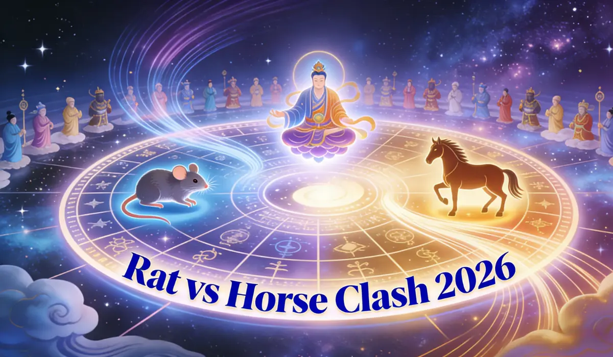 Cosmic zodiac scene showing a Rat and Horse on a yin-yang star chart, with a central deity and a circle of celestial figures, labeled "Rat vs Horse Clash 2026".
