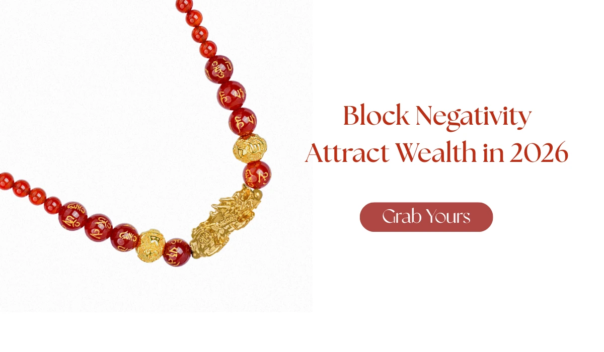 Red agate beaded bracelet with gold pixiu charm, paired with text "Block Negativity Attract Wealth in 2026" and a "Grab Yours" button on white background.