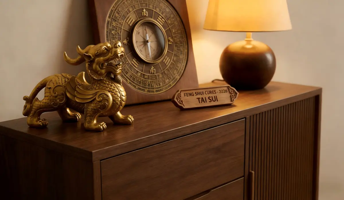 Protective golden Pi Yao statue on a dark wood table with a compass in the background