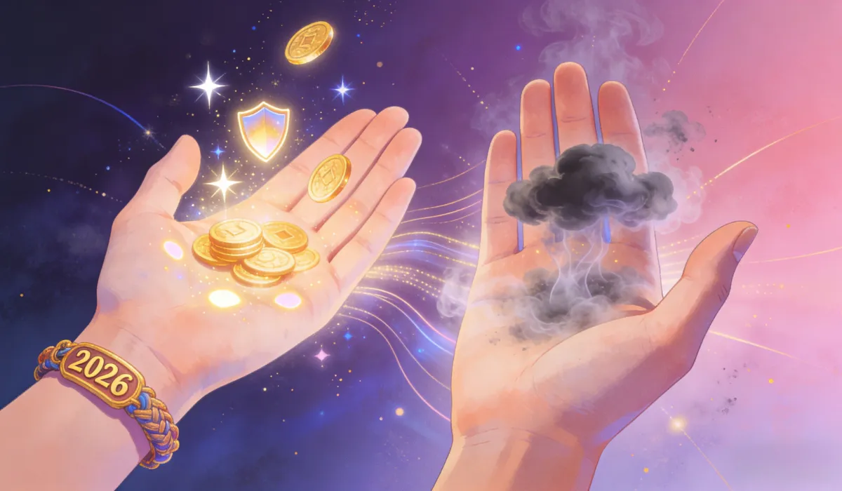 Split hands: left holds gold coins, a shield icon, and a "2026" bracelet; right holds black smoke, against a purple-pink starry background with light trails.