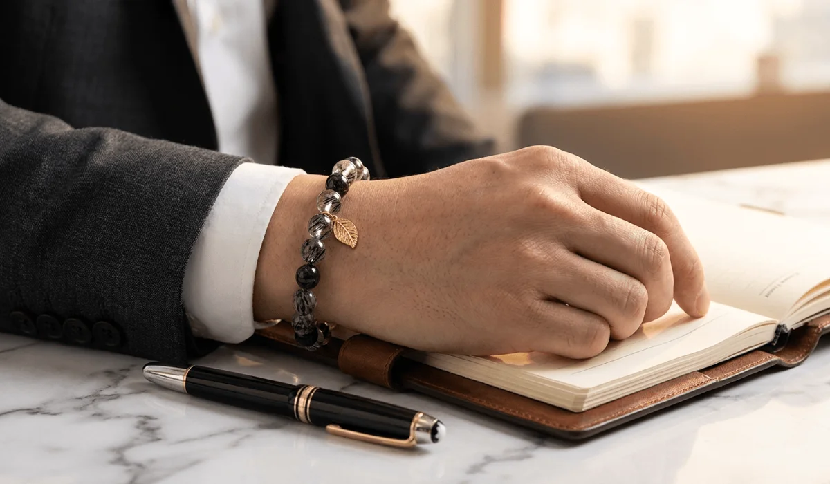 Person wearing a black rutilated quartz bracelet on the left hand while working at a desk for financial stability and grounding.