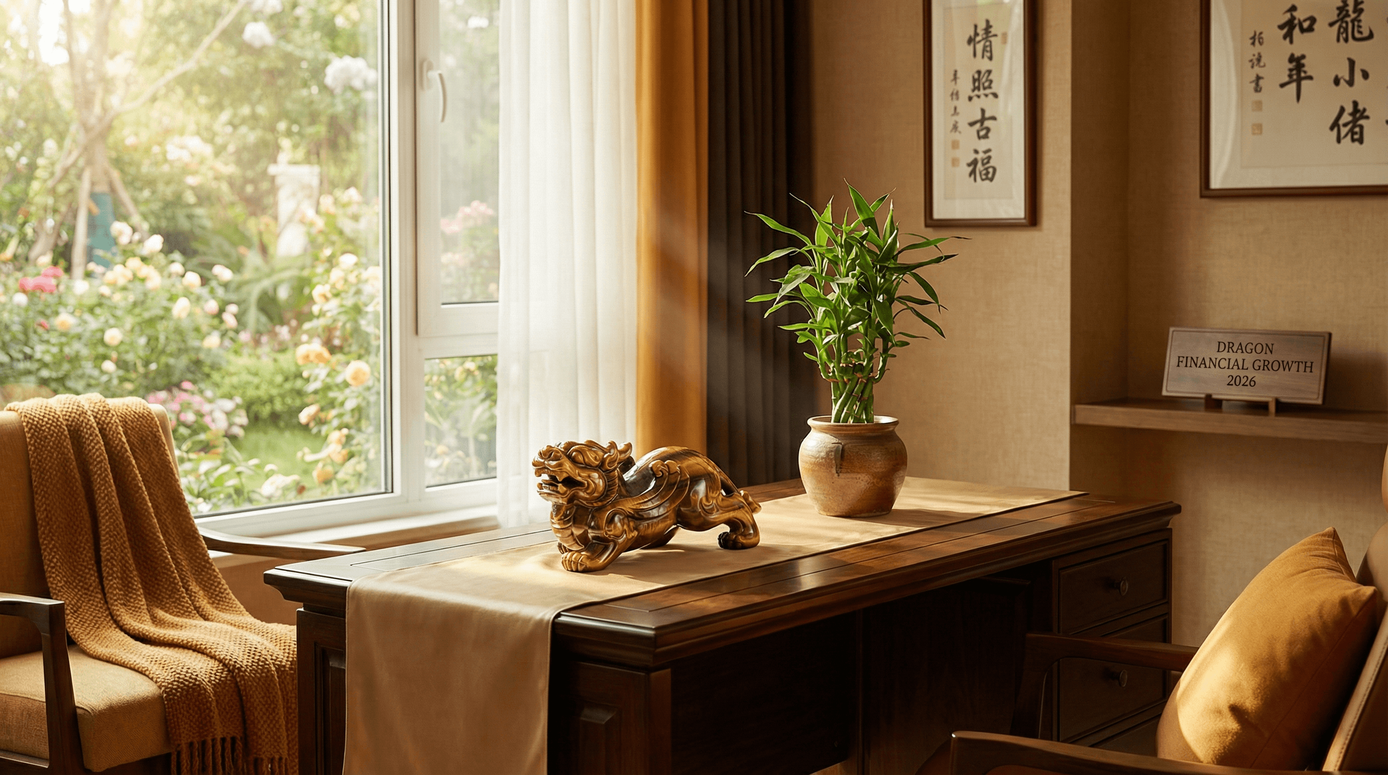 A Feng Shui setup with a Tiger's Eye Pixiu statue and a bamboo plant on a wooden desk to enhance financial growth.