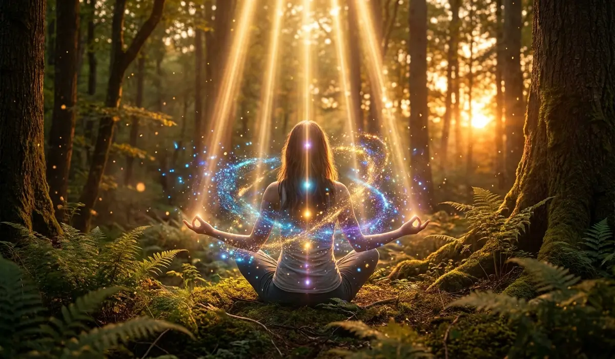 A person meditating in nature with 11:11 light beams representing manifestation rituals and spiritual grounding.