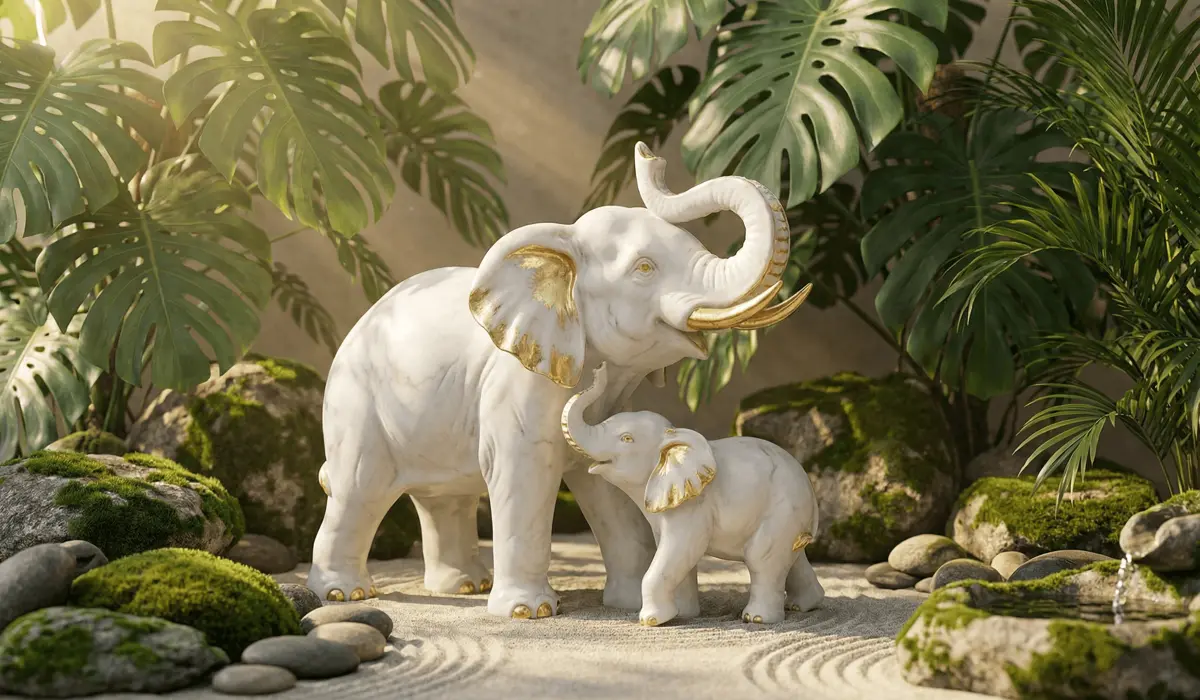 Mother and calf elephant statues in a garden setting symbolizing family protection and descendant luck.