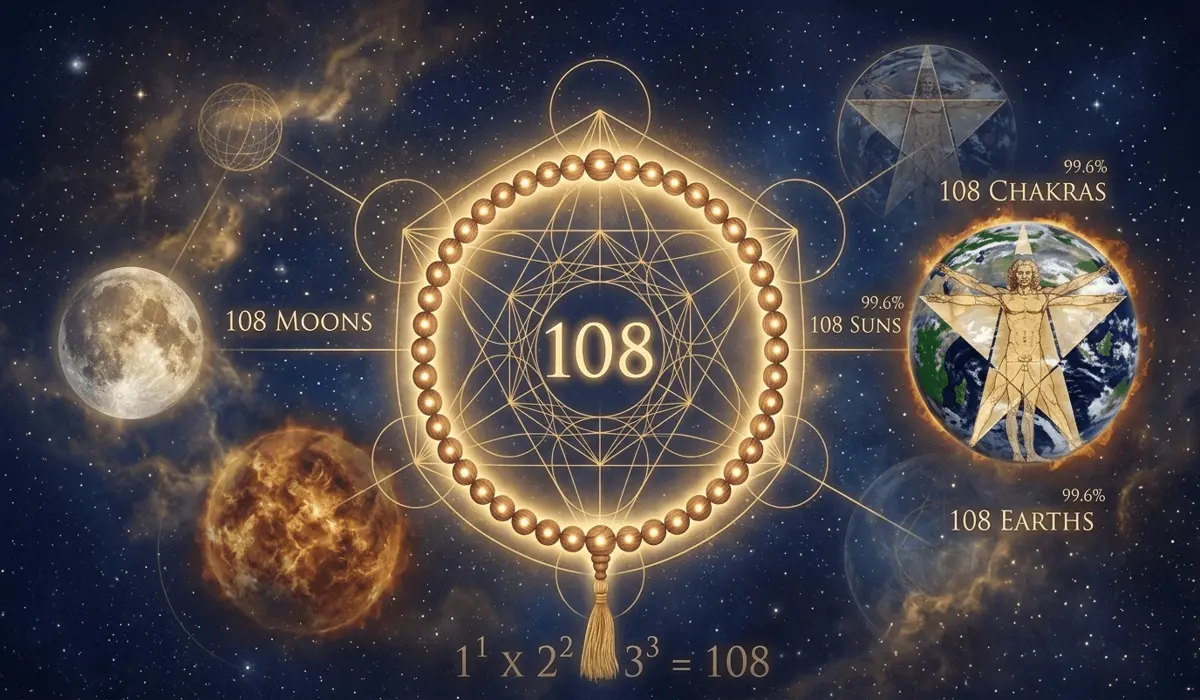 Conceptual illustration of the sacred geometry of 108 beads connecting the sun, moon, and earth.