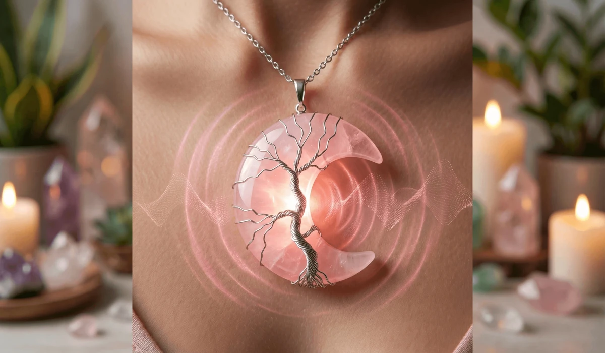 Close-up of a glowing Rose Quartz necklace used as a spiritual amplifier for heart chakra healing and attracting soulmates.