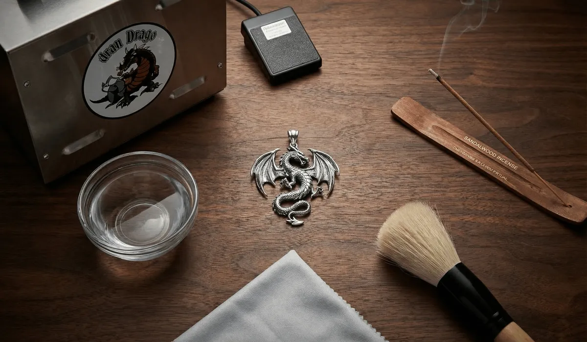 A professional maintenance kit for dragon jewelry featuring a silver pendant, distilled water, a soft brush, and incense for spiritual cleansing.