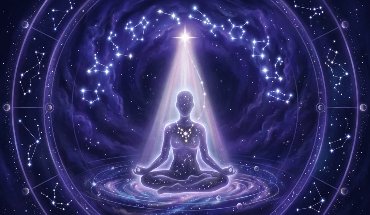 Ethereal depiction of a person connecting with cosmic zodiac energy and the spiritual symbolism of the constellations.