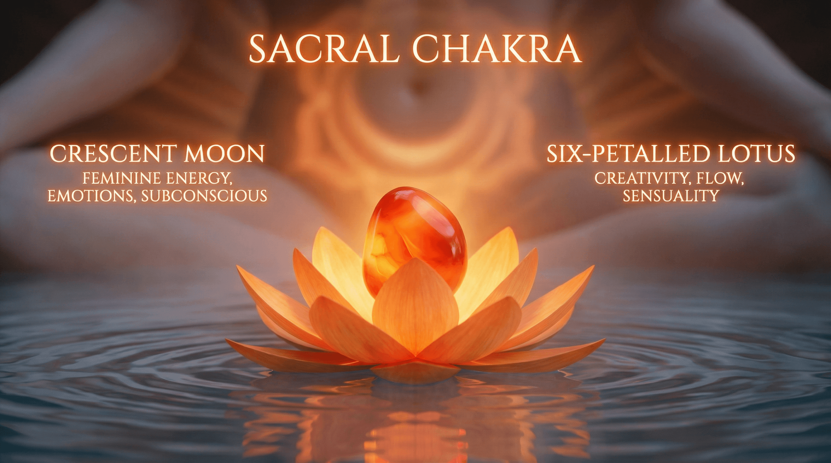 Symbolic representation of the Sacral Chakra featuring an orange lotus and Carnelian stone on water, representing emotional flow and creativity.